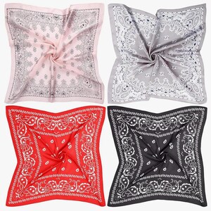 May include: Four bandanas in different colours: pink, grey, red, and black. Each bandana has a white paisley pattern.