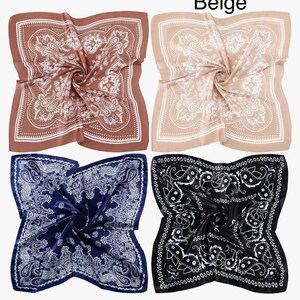 May include: Four square bandanas with paisley patterns. The bandanas are in beige, black, navy blue, and brown.
