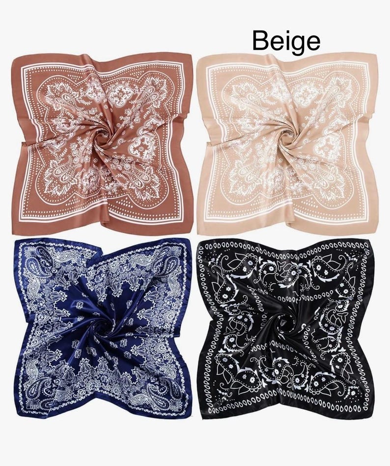 May include: Four square bandanas with paisley patterns. The bandanas are in beige, black, navy blue, and brown.
