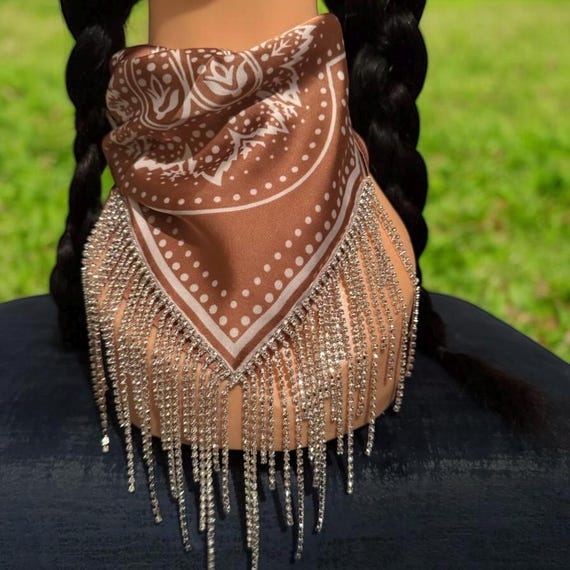 Bling Fringe Satin Bandanna: Western Glam Cowboy Scarf - Concert Wear, Wedding Theme