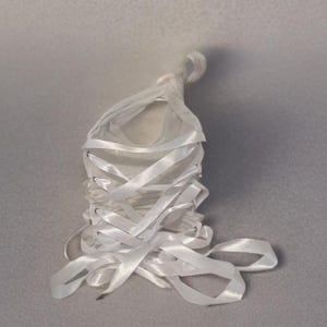 May include: A white ballet slipper with satin ribbons, laced up and tied at the top. The slipper is made of a soft, light material and is designed for dance. The ribbons are long and flowing, adding a graceful touch to the design.