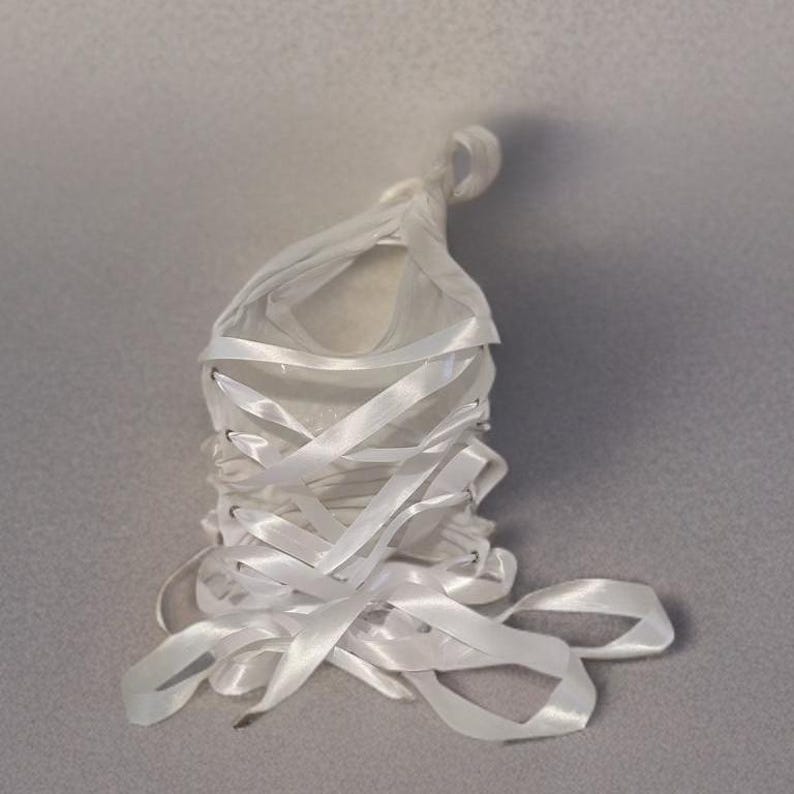 May include: A white ballet slipper with satin ribbons, laced up and tied at the top. The slipper is made of a soft, light material and is designed for dance. The ribbons are long and flowing, adding a graceful touch to the design.