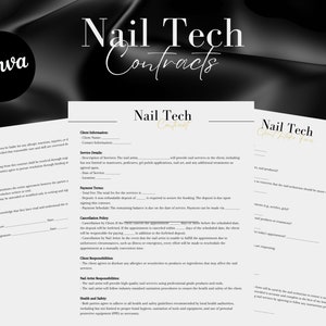 Peut inclure: Un document noir et blanc avec le titre "Nail Tech Contracts" en haut. Le document est un contrat pour les services de manucure et comprend des sections pour les informations du client, les détails du service, les conditions de paiement, la politique d'annulation, les responsabilités du client et les responsabilités de l'artiste en manucure.