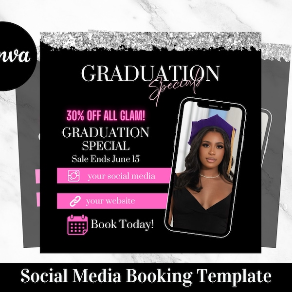 Graduation Booking Flyer, Graduation Specials Flyer, Makeup, Hair, Lashes, Nails, DIY Instagram Canva Template