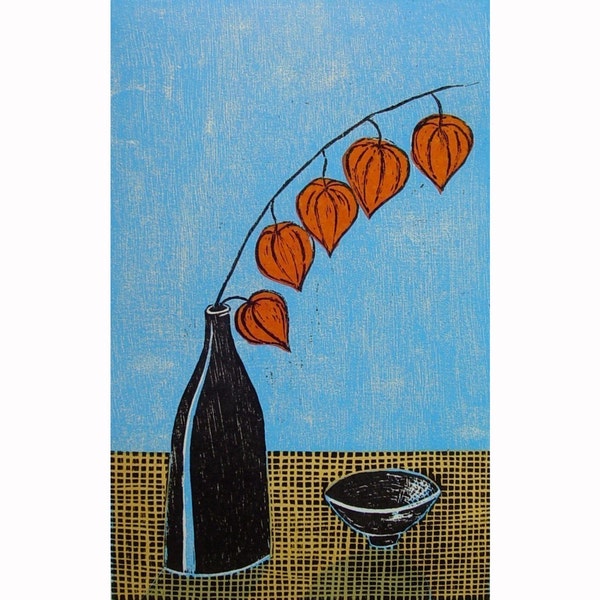 Gifts woodblock print still life orange lantern plant