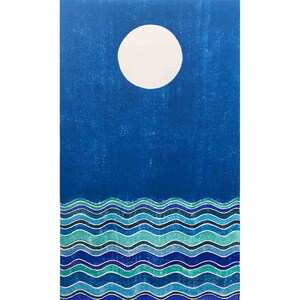 Original Woodblock Print, Moon and Sea White Line Woodblock Print, Seascape hand printed woodblock print, handmade artwork