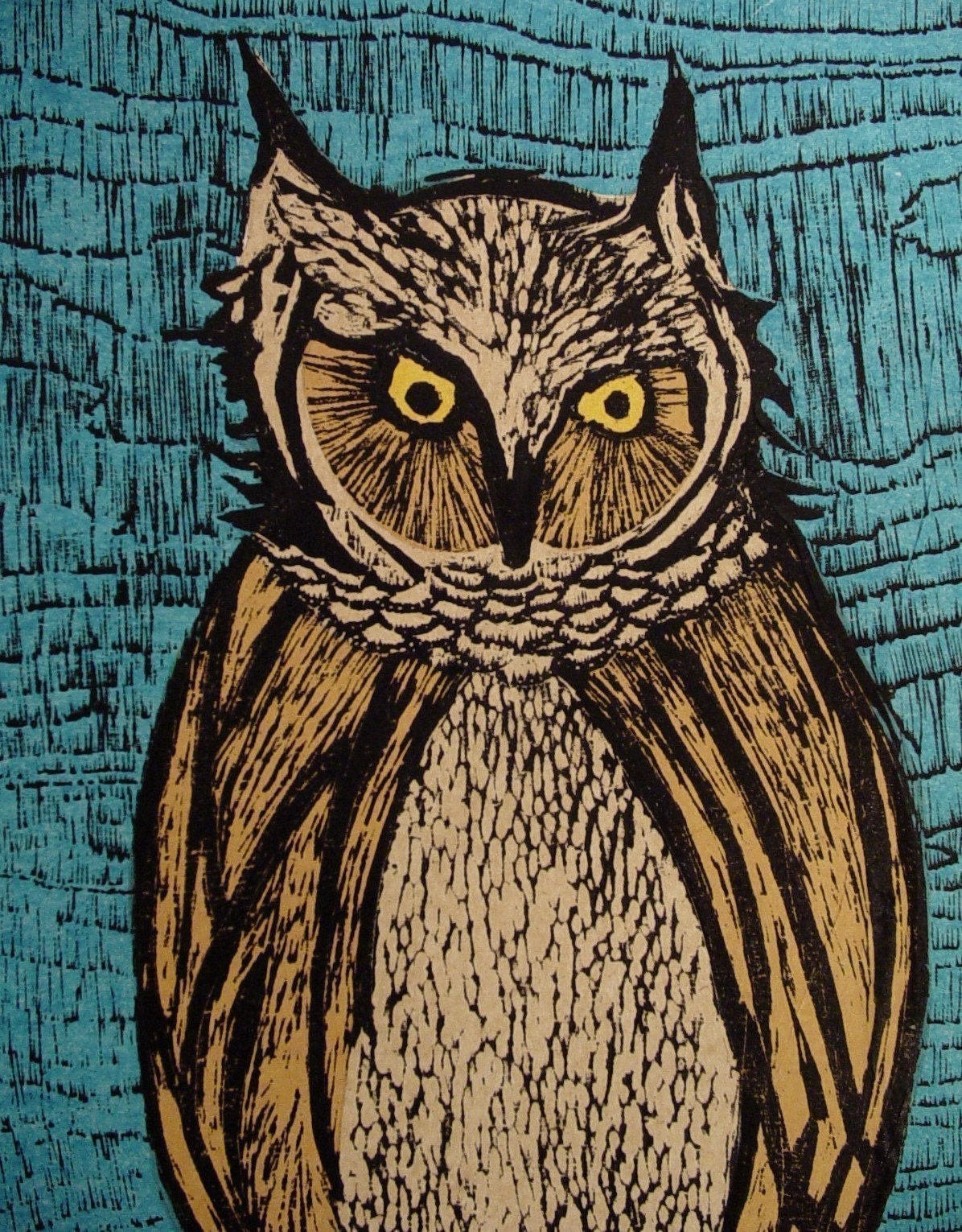 Great Horned Owl Woodblock Print Large wall art Etsy