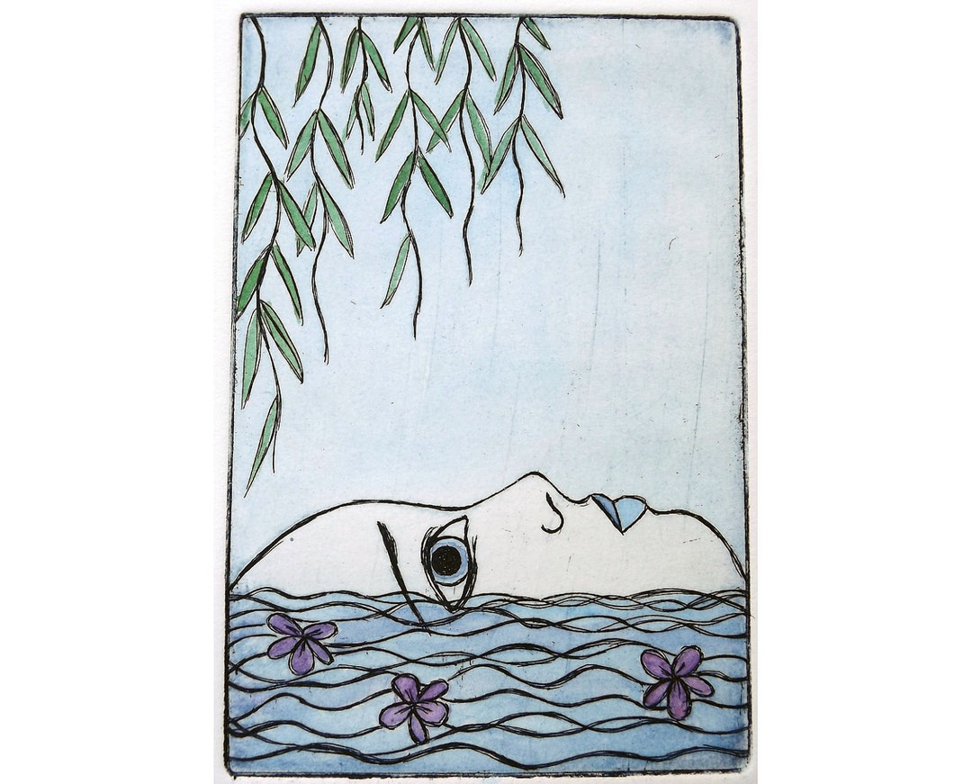 Etching Print Hand Painted Ophelia William Shakespeare Hamlet Violet