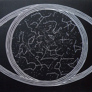 May include: A black and white illustration of a stylized eye with concentric circles and a constellation of stars inside.