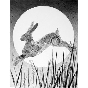 Hare and Moon 8X10(ink bubble drawing print) bunny rabbit bubble art