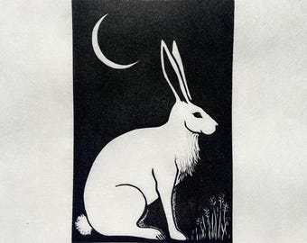 Hare and Moon Linocut Print: Handmade Animal Artwork (8x10 inches)