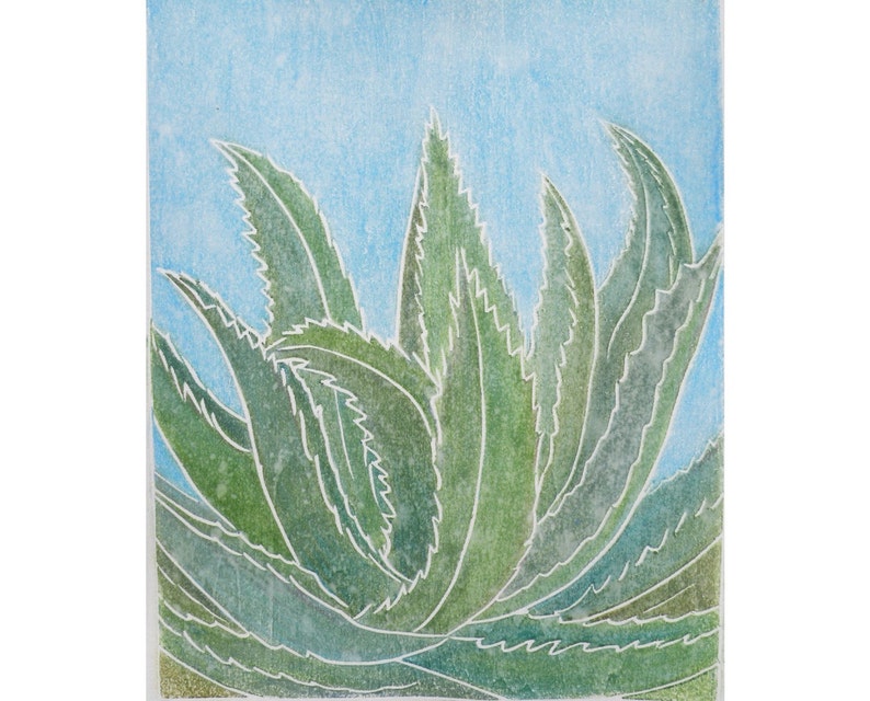 Blue Agave original white line woodblock print image 1