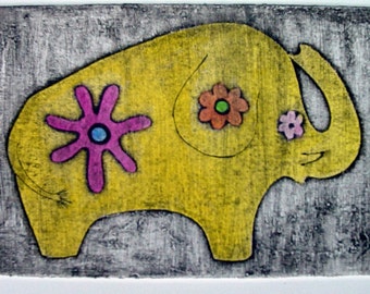 Elephant etching (original collagraph print)