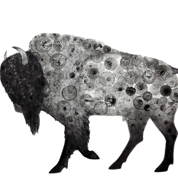 Bison 8X10 Print of my original ink painting, animal painting, bubble art, buffalo