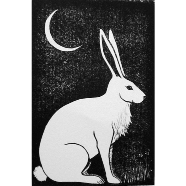 Original Linocut Print Rabbit  and Moon 8X10 inches