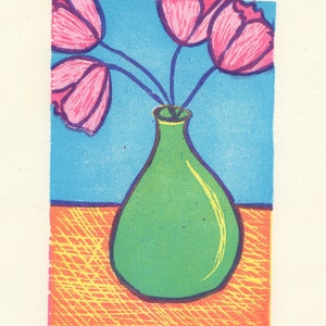 Linocut Print, Spring Flowers, Still Life,  Handmade Original Linoleum Print