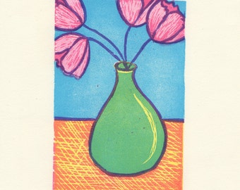 Linocut Print, Spring Flowers, Still Life,  Handmade Original Linoleum Print