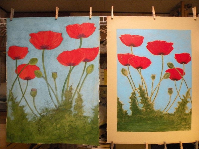 Poppies Original 18X24 inch Woodblock print Monoprint image 2