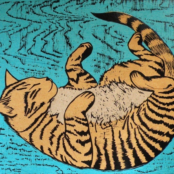 Woodblock Print Murphy the Cat  pet portrait orange tabby cat