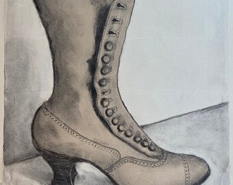 Victorian Boot No. 2  Monotype Print, OOAK Acrylic Artwork On Paper