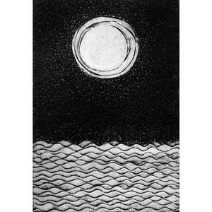 Moon and Sea etching (original collagraph) wall art