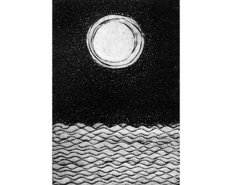 Moon and Sea etching (original collagraph) wall art