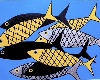 Fishes Original Woodblock Print  pisces