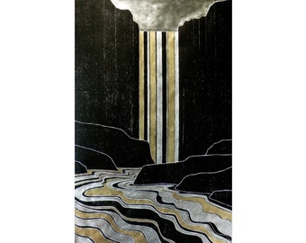 Gold and Silver Falls 17X26 inches (woodblock print)