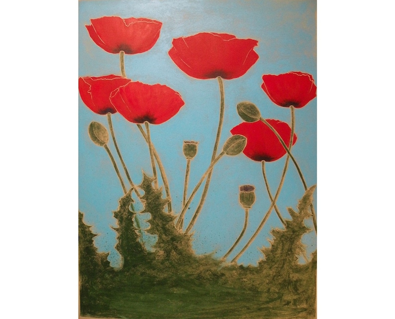 Poppies Original 18X24 inch Woodblock print Monoprint image 1