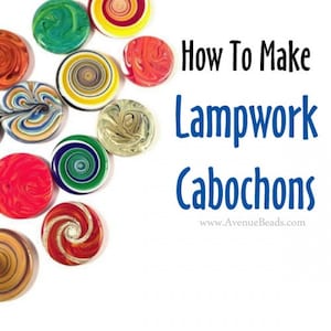 May include: A collection of colorful lampwork cabochons in various designs, including swirls and spirals. The image features cabochons in shades of red, green, yellow, and blue. Text reads "How To Make Lampwork Cabochons."
