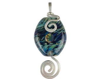 Sterling Silver Pendant with Cosmic Blue-Green Lampwork Glass Bead