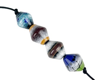 Handmade Lampwork Bead Set - Abstract Bicones in Red, White, Blue & Green