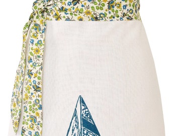 Organic block print sailboat apron