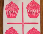 SALE block print ORGANIC grid cupcake tea towel