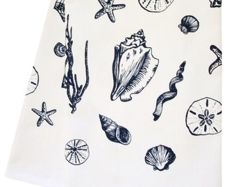 navy shell tea towel