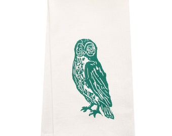 SALE owl tea towel ORGANIC block print
