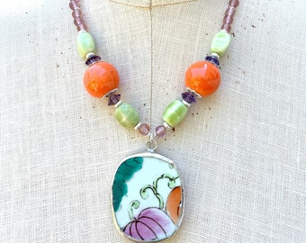 Peaches - pottery shard necklace, Ming dynasty, unique handmade gift for mom or bridesmaid, repurposed, upcycled jewelry