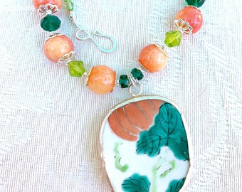 Paola - pottery shard necklace, Ming dynasty, unique handmade gift, repurposed jewelry, colorful necklace for woman