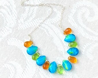 Teardrop no. 2 - handmade beaded bib necklace colorful bold modern gift for mom woman girl crystals sterling silver chain