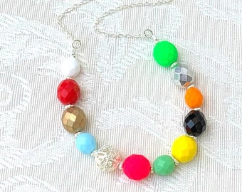 Pop Rocks no. 12 - handmade beaded necklace colorful bold modern gift for mom woman girl rainbow handmade Czech glass beads silver chain