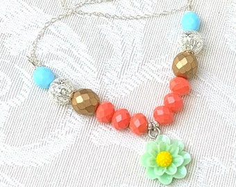 Little Daisy - delicate bright colorful handmade bib necklace glass silver - unique gift for woman, mom, best friend, birthday