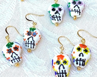 Calavera lampwork glass earrings, Day of the Dead, unique handmade gift for mom, best friend, birthday, colorful earrings for woman
