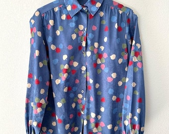 Vintage 70s 80s Falling Leaves Blue Satin Top Preppy Office Workwear Librarian Teacher Academic Grandmacore Working Girl Size M (est)