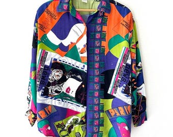 Vintage 80s The Limited Graphic Print Button Down Shirt Dopamine Statement Pop Art Abstract Fashion Style Size 12