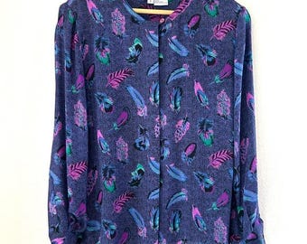 Vintage 80s Carlisle Feathers Print 100% Silk Blouse Shoulder Pads Preppy Office Workwear Working Girl Teacher Librarian Secretary Size 8