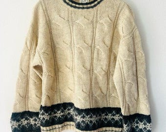 Vintage 90s Ann Taylor LOFT Scandi Cable Knit Wool Blend Sweater Heritage Nordic Fair Isle Preppy Cozy Winter Fuzzy Alpaca Mohair Size M
