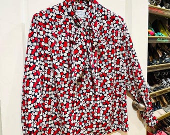 Vintage 80s Pendleton Black, Red, White Satin Bow Tie Top Preppy Academia Secretary Office Working Girl Librarian Designer Heritage Size L