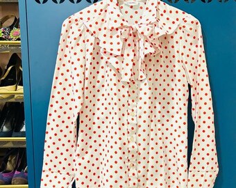 Vintage 80s White & Red Polka Dot Satin Blouse Bow Tie Ruffle Collar Working Girl Office Librarian Retro Academic Teacher Grandma Size S/M