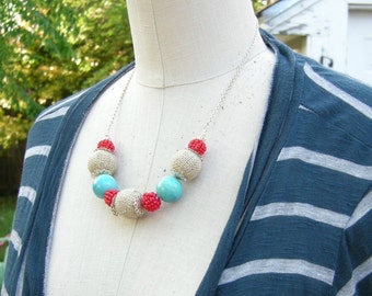 Nautica - unique handmade necklace, nautical preppy style made with glass, fiber, ceramic beads on silver chain