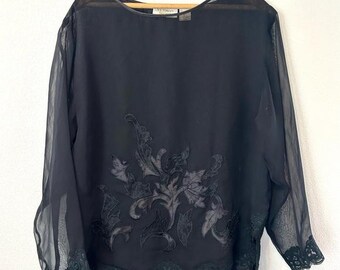 Vintage 90s Victoria's Secret Sheer Lace Long Sleeve Floral Embroidered Top Witchy Boho Festival Fairycore Cottagecore Romantic Goth Size S